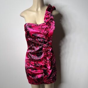 Ruby Rox One-Shoulder Hot Pink & Black Floral Ruffled Cocktail Dress
